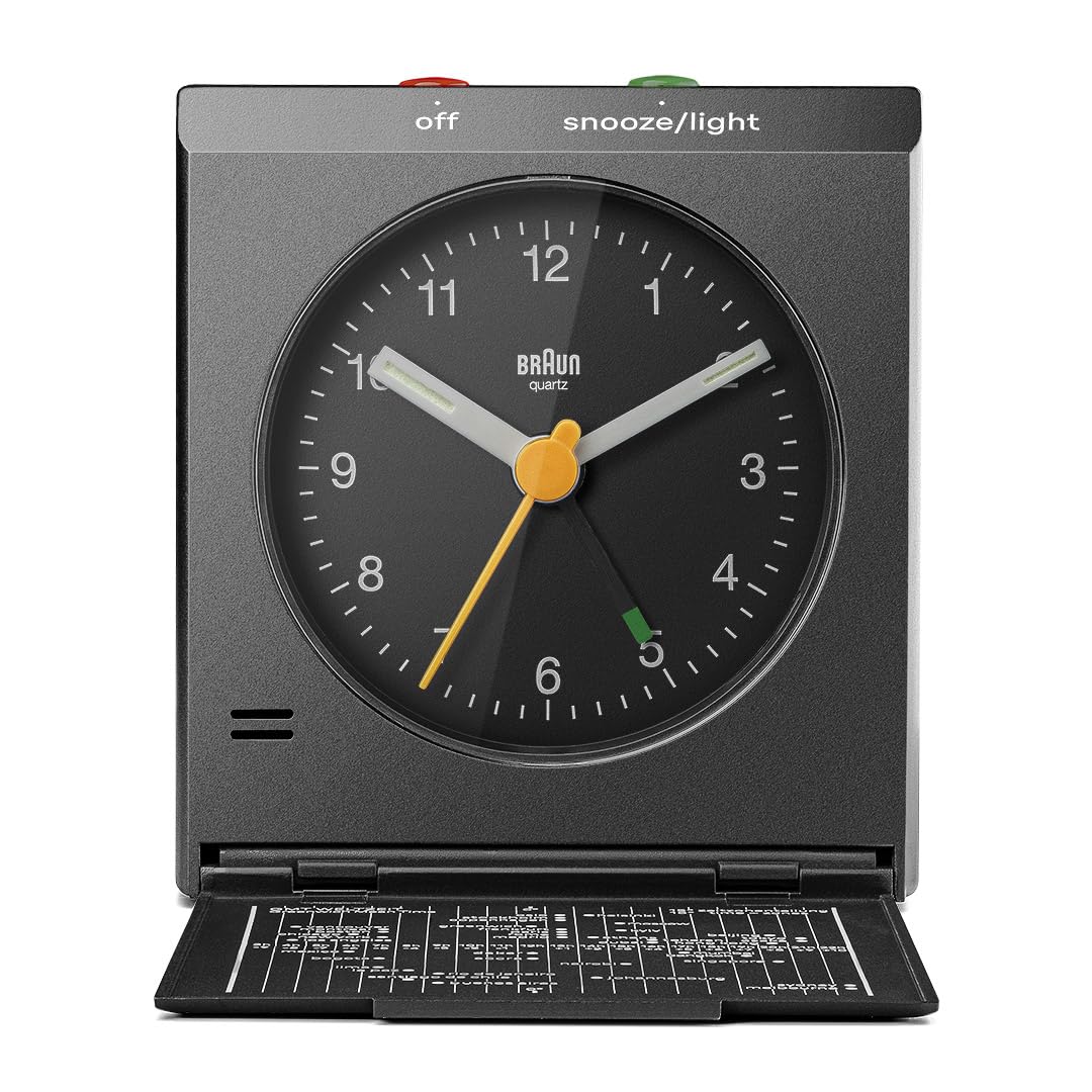 Braun Classic Analogue Travel Alarm Clock with Snooze and Light with Folding Map Lid, Black, BC05B