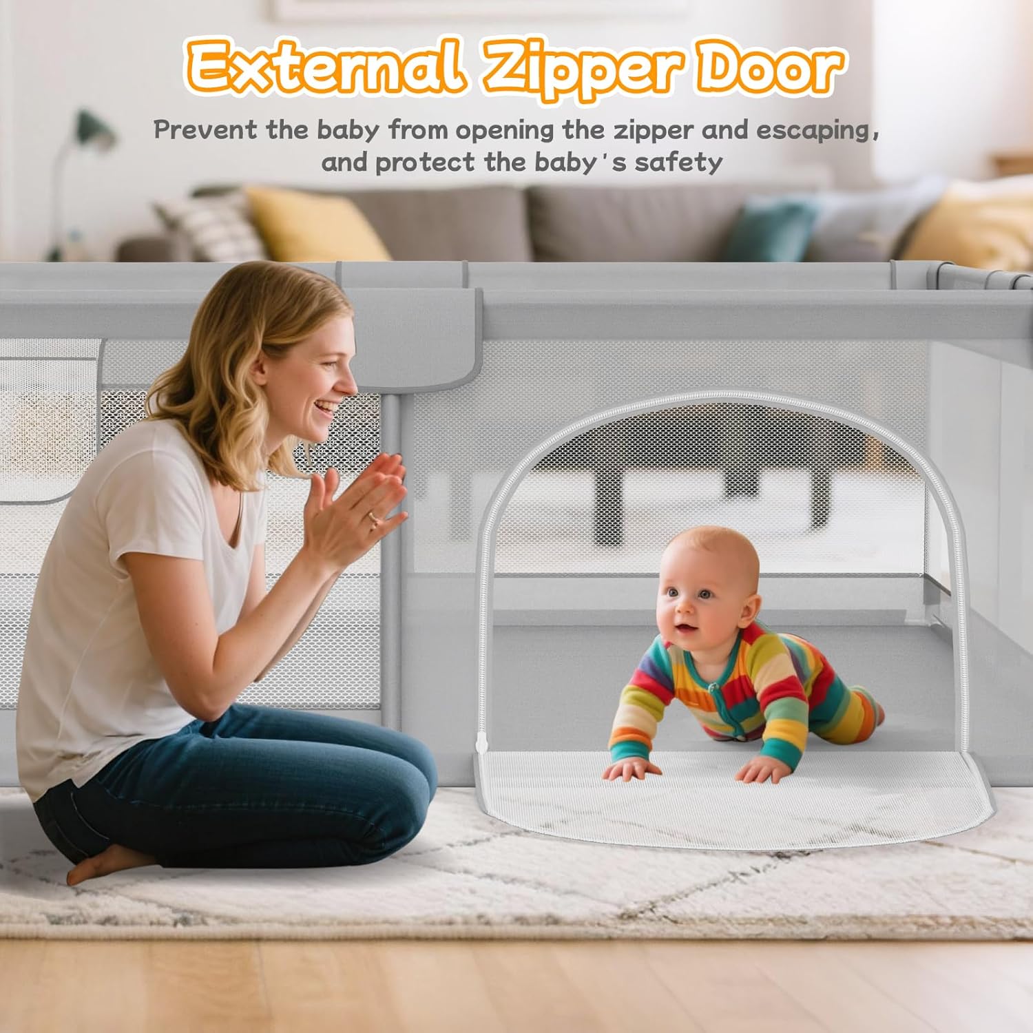 Skiennix Large Baby Playpen - Breathable Mesh Safety Activity Center for Indoor & Outdoor Use, Grey 74"x50"