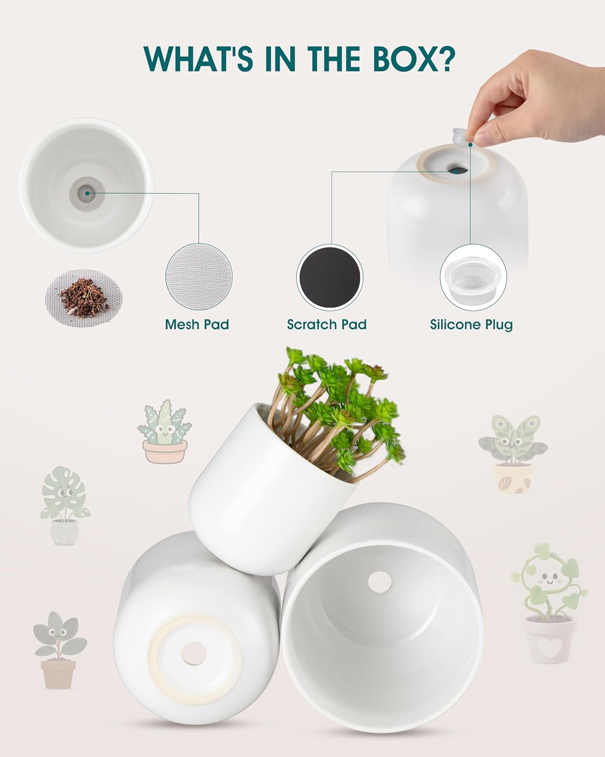 Vancasso Ceramic Plant Pots - Set of 3 (4", 5", 6") | Modern Indoor Planters with Drainage Holes