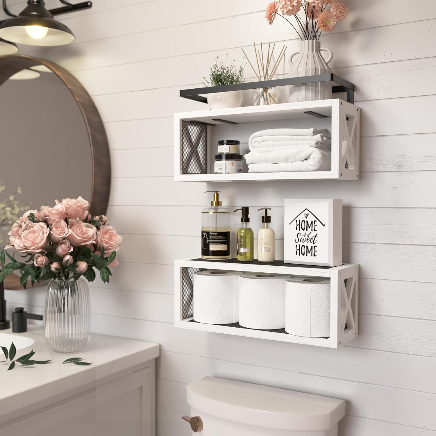 RICHER HOUSE Floating Shelves - Rustic Wood Wall Décor with Guardrail for Bathroom & Kitchen - White