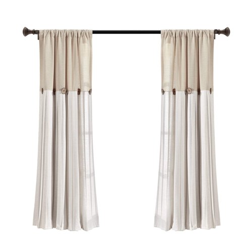 Lush Decor Linen Button Window Curtain Panel, Single, 40" W x 45" L, Linen - Country Curtains - Rustic Decor - Color Block Modern Farmhouse Curtains For Living Room, Bedroom & Dining Room