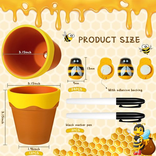 Leinuosen 12 Pcs Honey Bee Pot, 3 Inch Honey Jars for Cupcake, Planter, Bee Themed Party Favors for Baby Shower 1st Birthday Party Supplies and Wedding Gifts (Yellow and Brown)