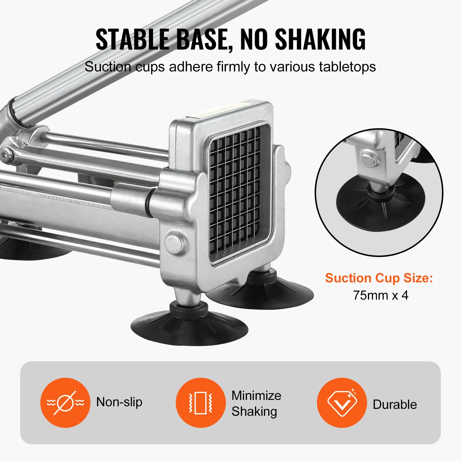 VEVOR French Fry Cutter, Potato Slicer with 1/2", "3/8", "1/4 Stainless Steel Blades, Manual Potato Cutter Chopper with Suction Cups, Great for Potato, French Fries, Cucumber, Vegetables, Carrot