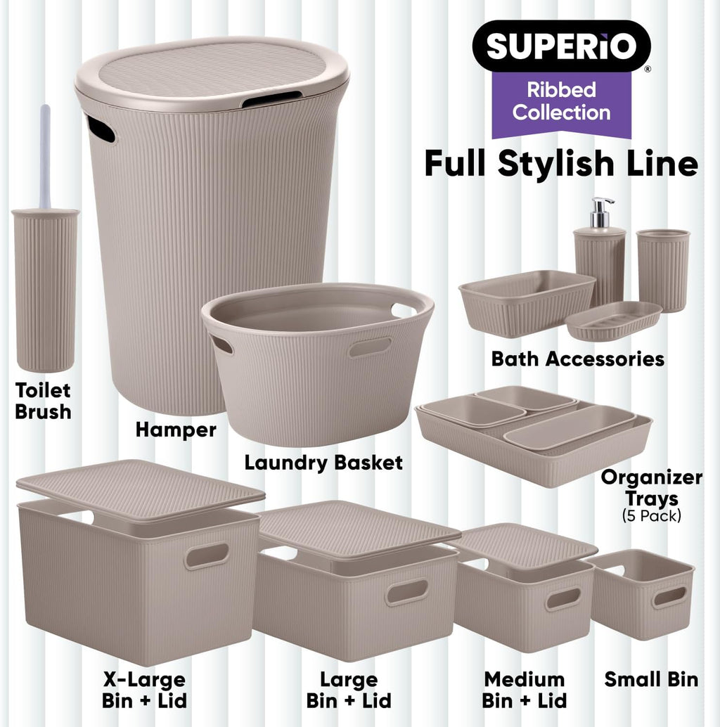 Superio Ribbed Collection - Small Taupe Decorative Plastic Storage Bins | 1.5 Liter Organizer for Home