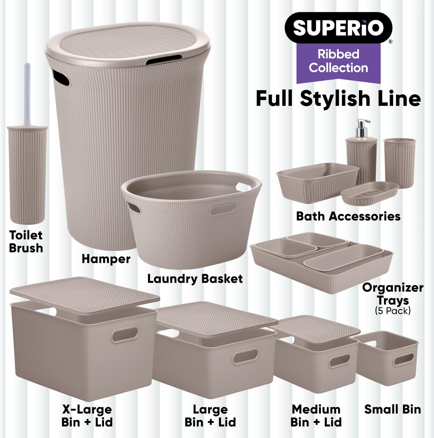 Superio Ribbed Collection - Small Taupe Decorative Plastic Storage Bins | 1.5 Liter Organizer for Home