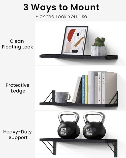 BAYKA Wall Mounted Floating Shelves - Space-Saving Wood Display for Books & Decor | Black, Set of 4