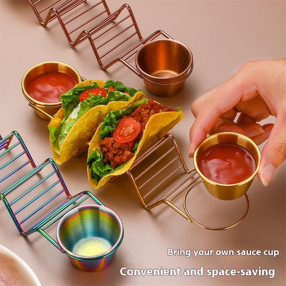 Digead Taco Holder Stand - Holds 3 Tacos with 2 Sauce Cups & Gold Spoon - Premium 304 Stainless Steel Gold-Plated - Heat Resistant & Oven/Dishwasher/Grill Safe