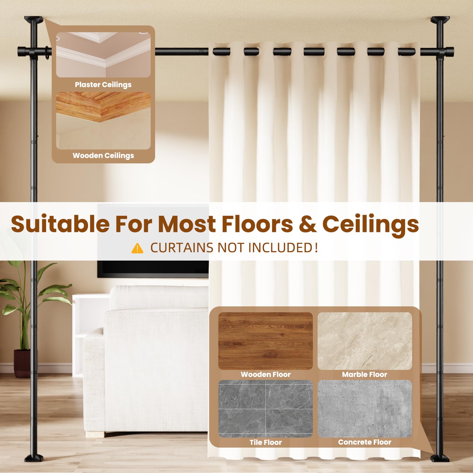 BONPALLY Room Divider Curtain Rod for Wide Space Room Separation, 28-171inch(W) 4-10ft(H) Adjustable No Drilling Tension Curtain Rods, Heavy Duty Temporary Privacy Wall Divider, Black