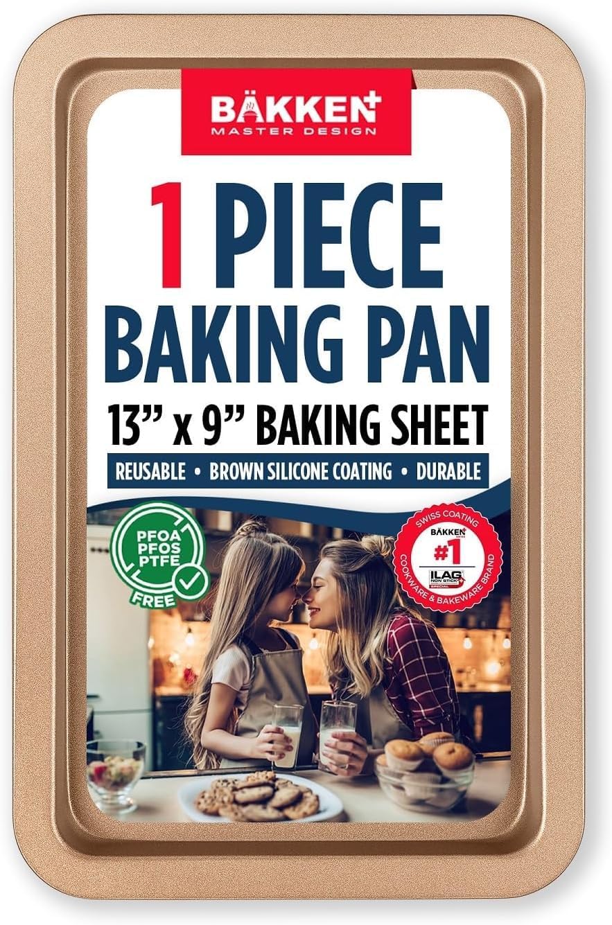 BAKKEN Nonstick Baking Pans - Commercial Grade Carbon Steel Cookie Sheet, 13.18" x 8.66", Oven Safe to 450°F, Brown