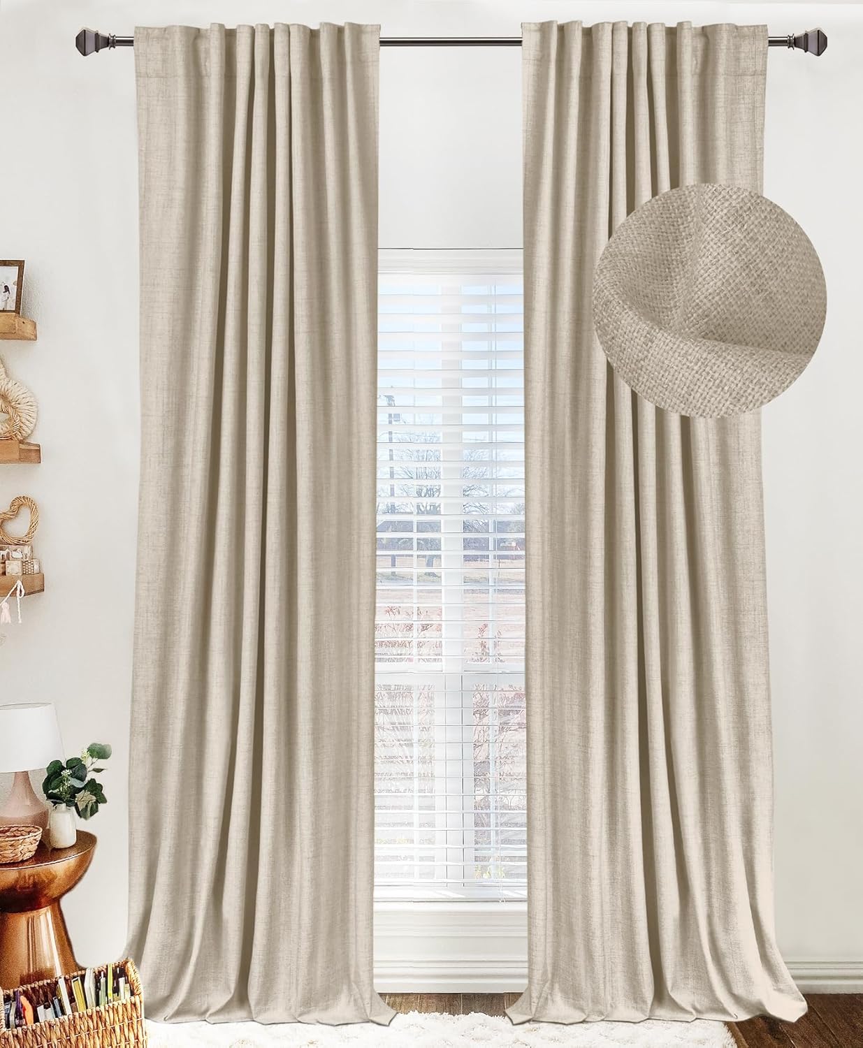 Skiennix 100% Blackout Linen Curtains - Thermal Insulated Drapes for Bedroom | 50" W x 108" L, Oatmeal