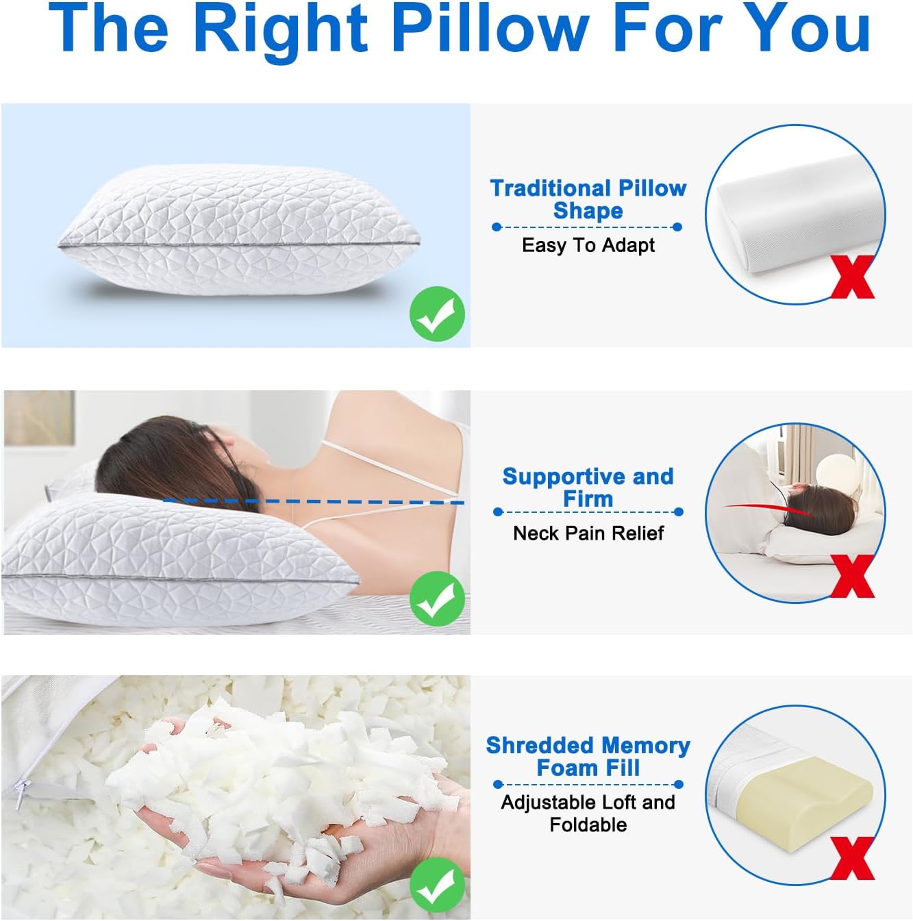 Skiennix Cooling Pillows | Queen Size Set of 2 | Shredded Memory Foam for Hot Sleepers | 20" x 30", White