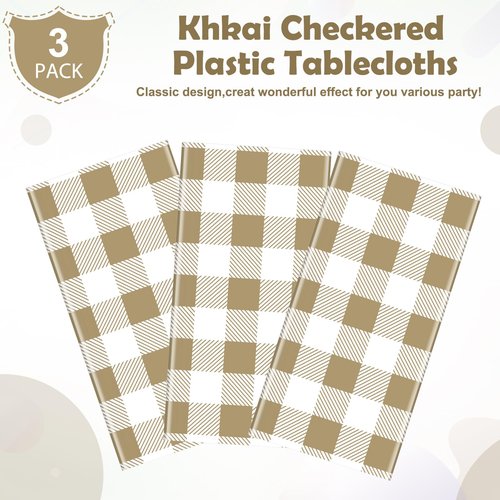 Hallswl 3pcs Khkai Gingham Tablecloth,Brown Beige Checkered Tablecloths Buffalo Plaid Disposable Plastic Table Covers for Birthday Baby Shower Bridal Wedding Birthday Party Decorations,54X108inch