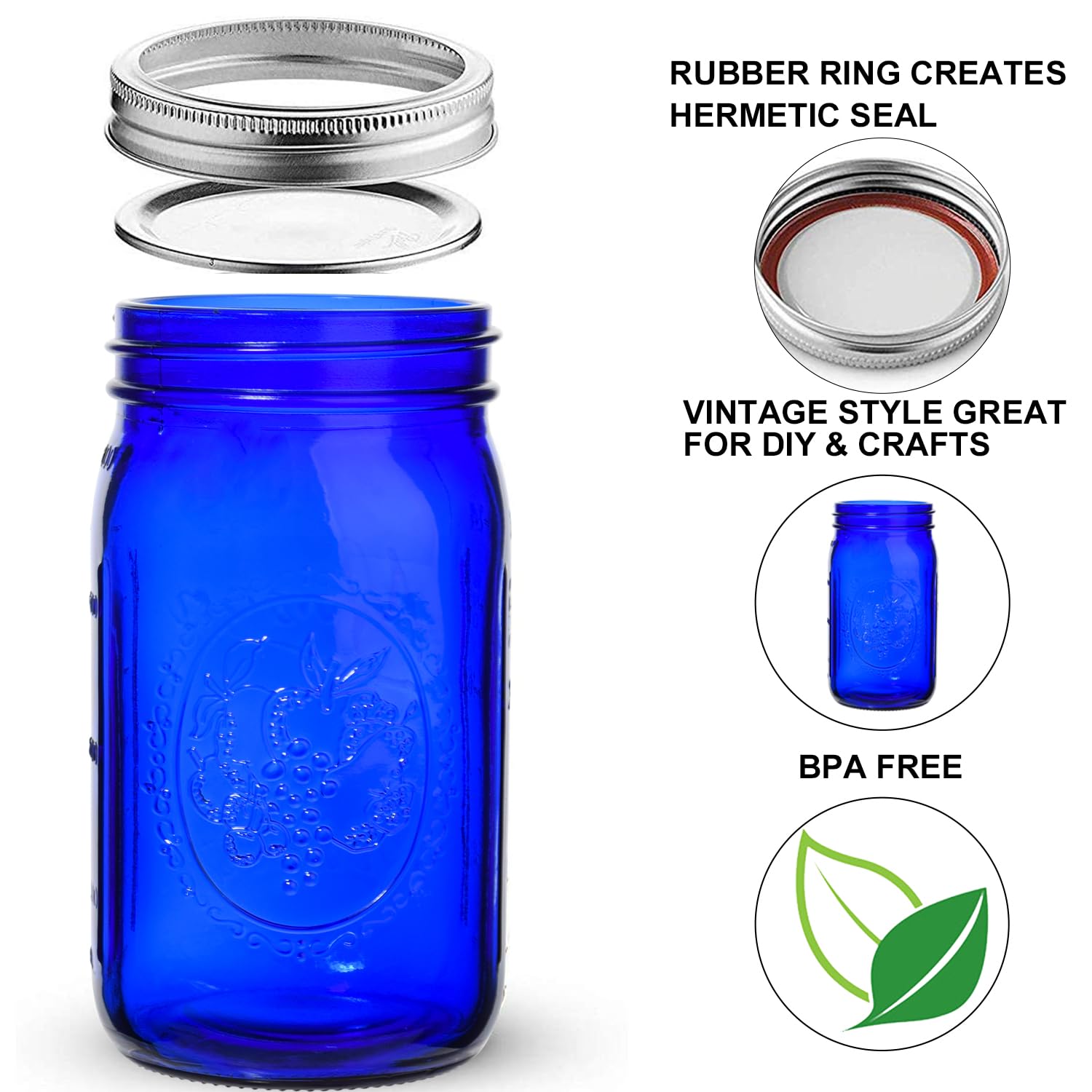 eleganttime Blue Mason Jars Wide Mouth,6 Pack Cobalt Blue Colored Mason Jars 32 oz for Canning, Pickling, Storage, DIY Crafts & Décor