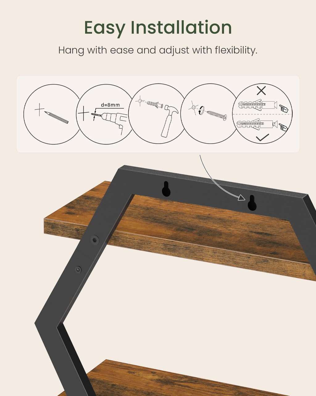 CHOEZON Hexagon Floating Shelves for Wall, Set of 2, 2 -Tier Hanging Shelves, Wall Mounted Storage Shelves, for Living Room, Bedroom, Kitchen, Home Office, Study, Rustic Brown and Black TBJ06P2BF