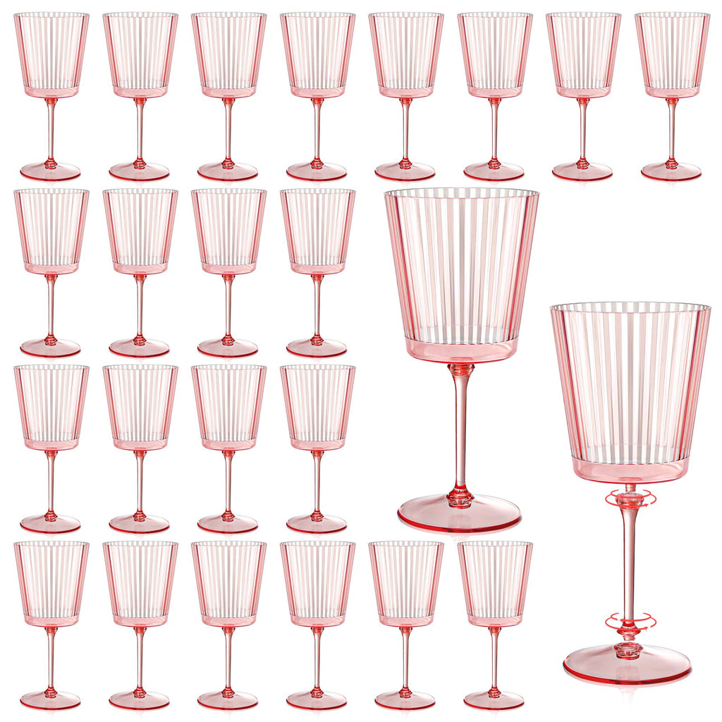 24 PCS Pink Plastic Wine Glasses with Removable Stems 13.5 OZ Ribbed Wine Glass Set Square White Wine Glasses Muted Pastel Colors Goblets Elegant Fluted Glassware for Wedding(Pink, 24 Pack)
