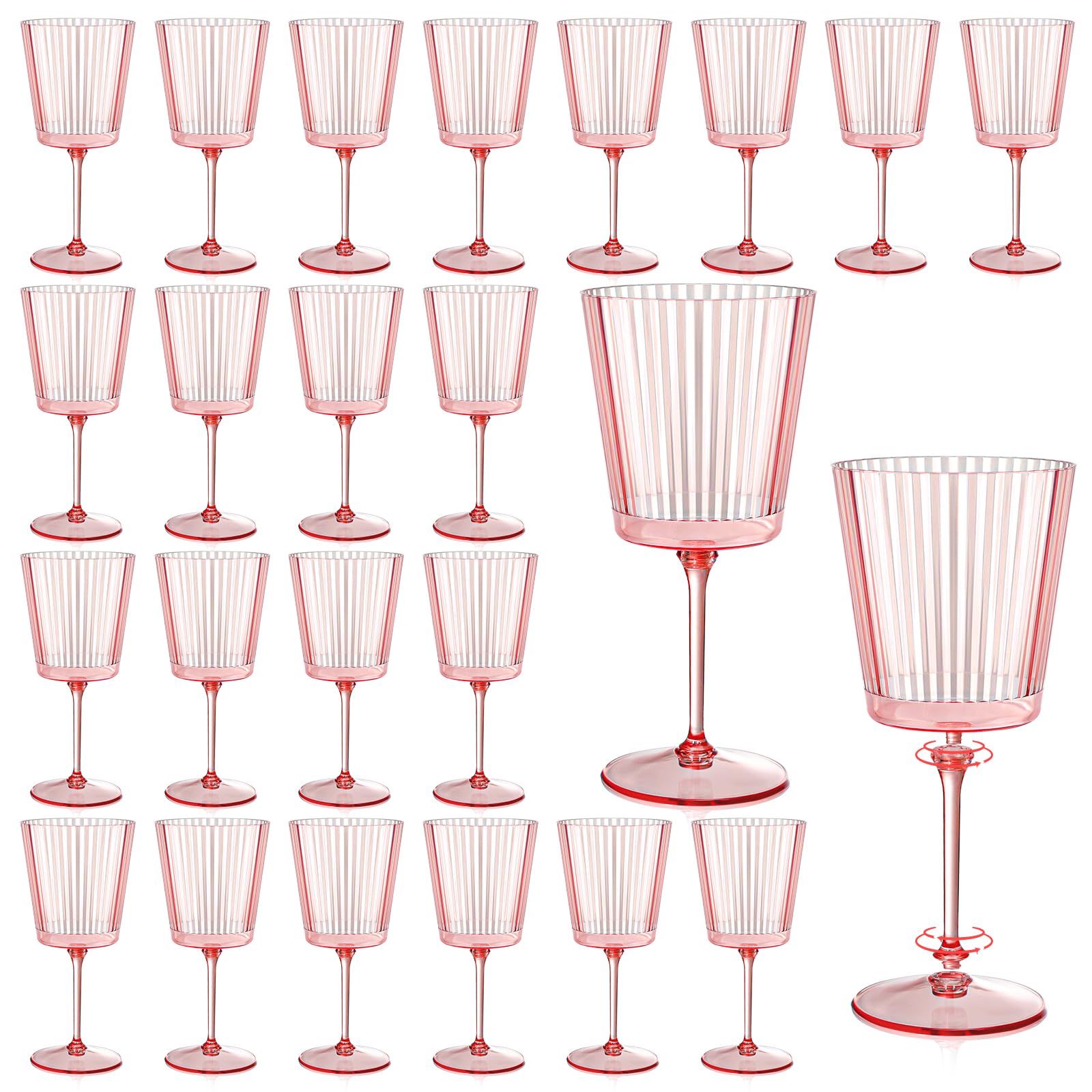 24 PCS Pink Plastic Wine Glasses with Removable Stems 13.5 OZ Ribbed Wine Glass Set Square White Wine Glasses Muted Pastel Colors Goblets Elegant Fluted Glassware for Wedding(Pink, 24 Pack)