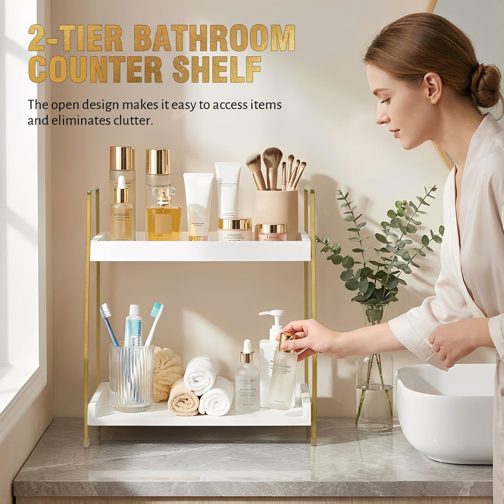 Bathroom Counter Organizer, 2-Tier Makeup Organizer, Wooden Bathroom Organizers and Storage for Skincare Perfume, Stylish Vanity Organizer with Gold Metal Frame for Bath Kitchen Bedroom (White&Gold)