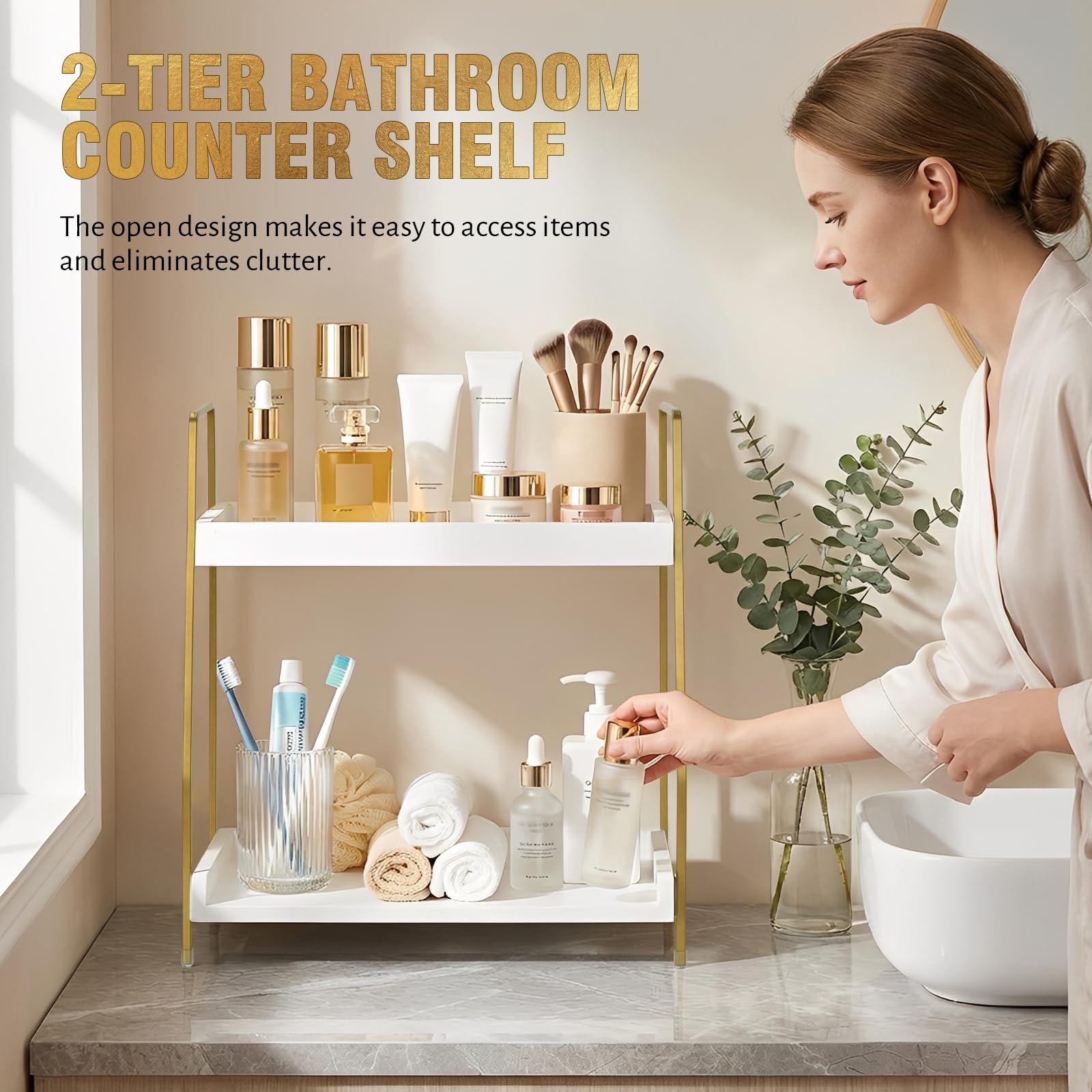 Bathroom Counter Organizer, 2-Tier Makeup Organizer, Wooden Bathroom Organizers and Storage for Skincare Perfume, Stylish Vanity Organizer with Gold Metal Frame for Bath Kitchen Bedroom (White&Gold)