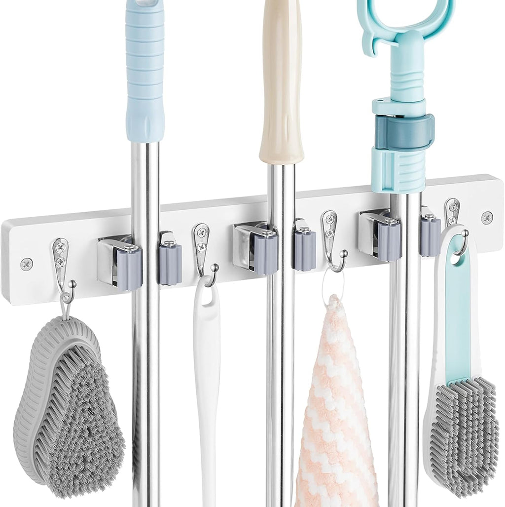OUTNILI Wall-Mounted Mop Broom Holder - 3 Slots & 4 Hooks for Kitchen & Garden Organization | Durable Wood Design