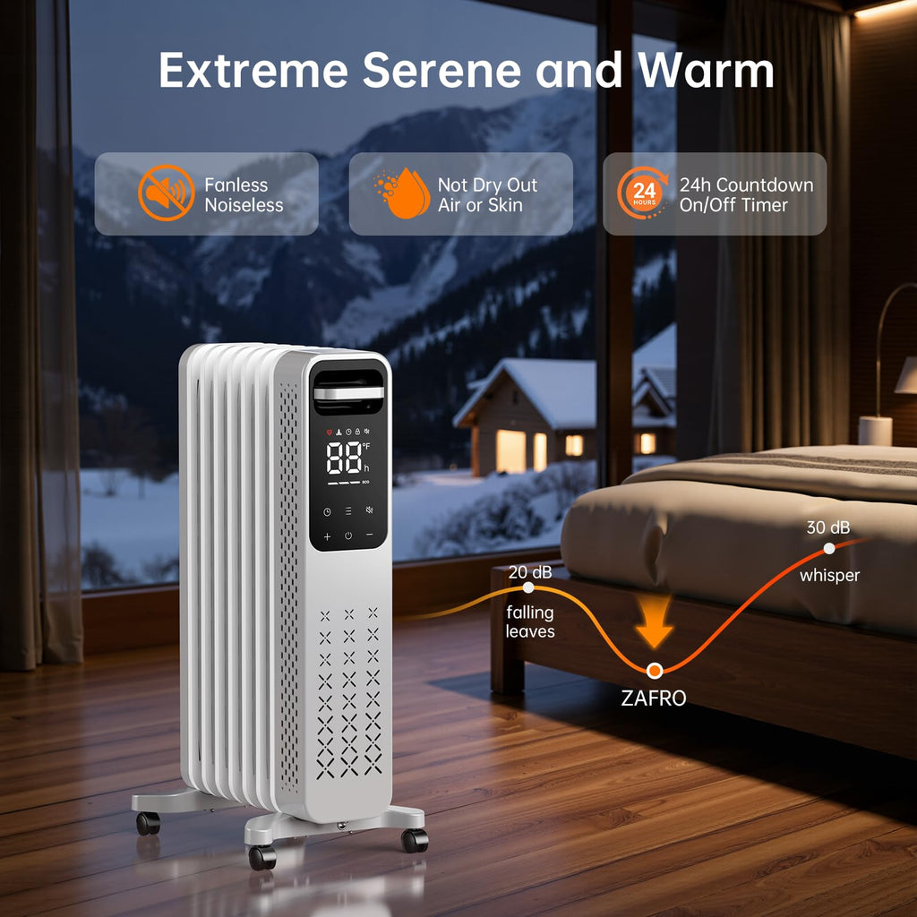 ZAFRO 1500W Oil Filled Radiator Heater, Energy Saving & Digital Thermostat, 24H On/Off Timer, Quiet Portable Wheeled Heater with Tip-Over & Overheat Protection for Home Office Indoor Use, Grey