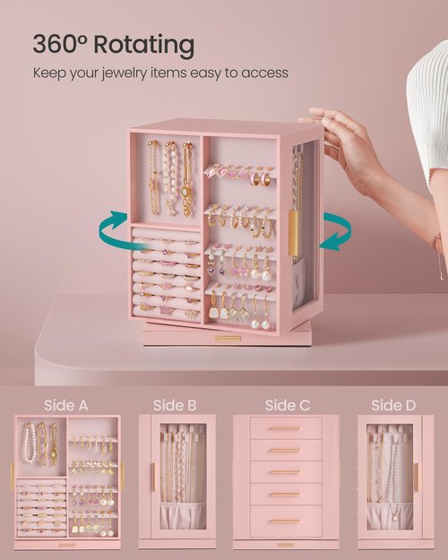 SONGMICS Jewelry Box 360° Rotating, Jewelry Storage Case with 5 Drawers, Jewelry Organizer, Glass Window, Spacious, Vertical Jewelry Storage, Open Design, Great Gift, Jelly Pink UJBC170R01