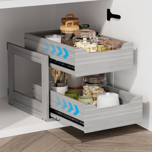 Landmok Pull Out Drawers For Cabinets, 15" W x 21.65" D x 17" H Slide Out Wooden Pull out Drawers, 2-Tier, Heavy-Duty Base Bottom Assembly Slide out Drawer Shelf Cabinet Organization for Kitchen, Gray