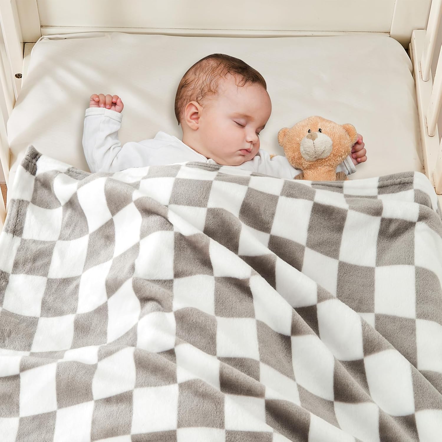 Yurhap Checkered Baby Blanket - Super Soft Fleece for Boys & Girls | 30x40 Inch, Greige