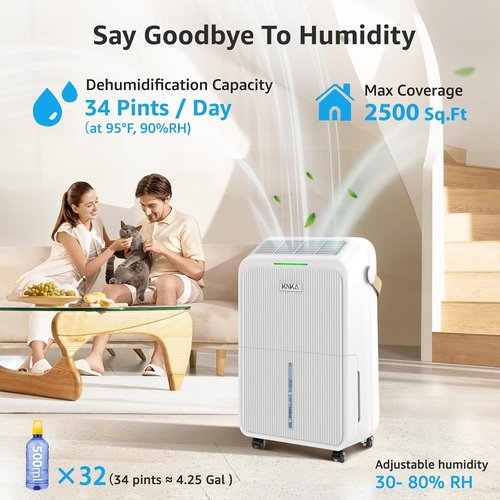 KNKA Dehumidifier - 2500 Sq.Ft Capacity with Intelligent Humidity Control & Drain Hose | Ideal for Home, Basement, & Large Rooms