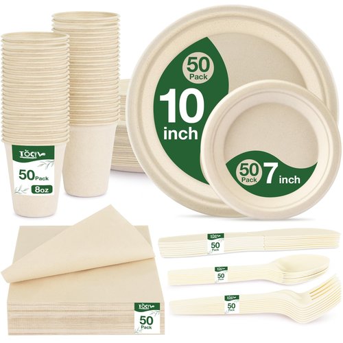 350PCS Compostable Paper Plates and Napkins Cups 10 & 7 Inch Disposable Heavy Duty Dinner Dessert Sturdy Plates and Utensils (Serve 50) Party Supplies Eco-friendly Dinnerware Set for Birthday Holiday
