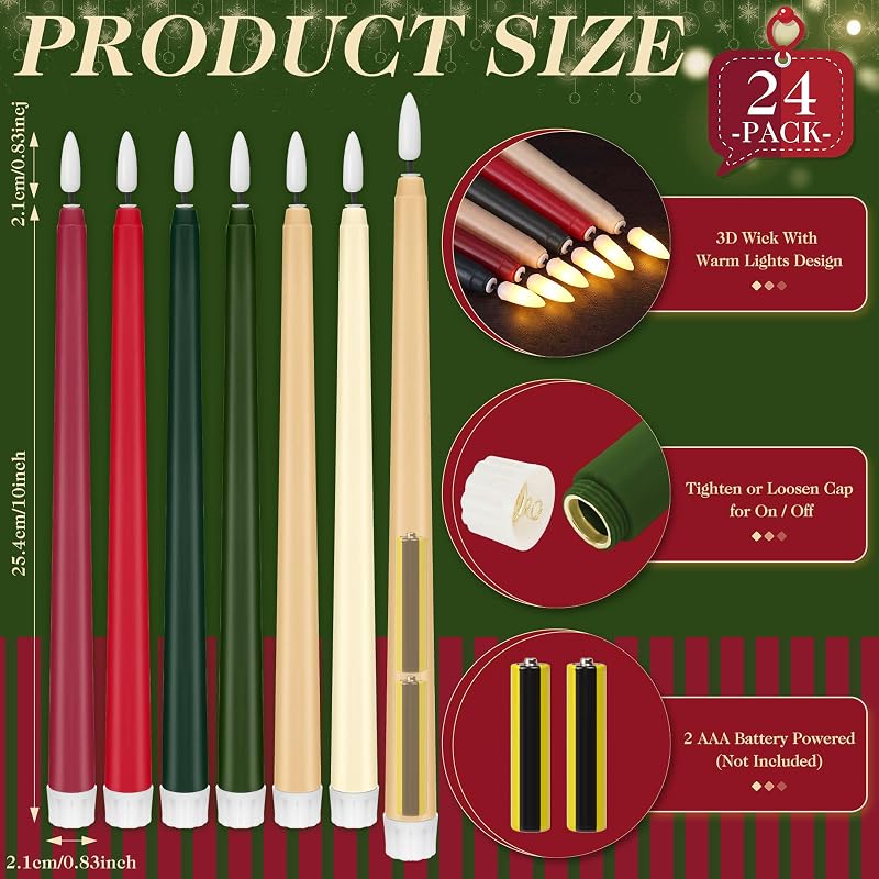 24 Pcs 11'' Christmas Flameless Taper Candles - Variation: Retro Christmas