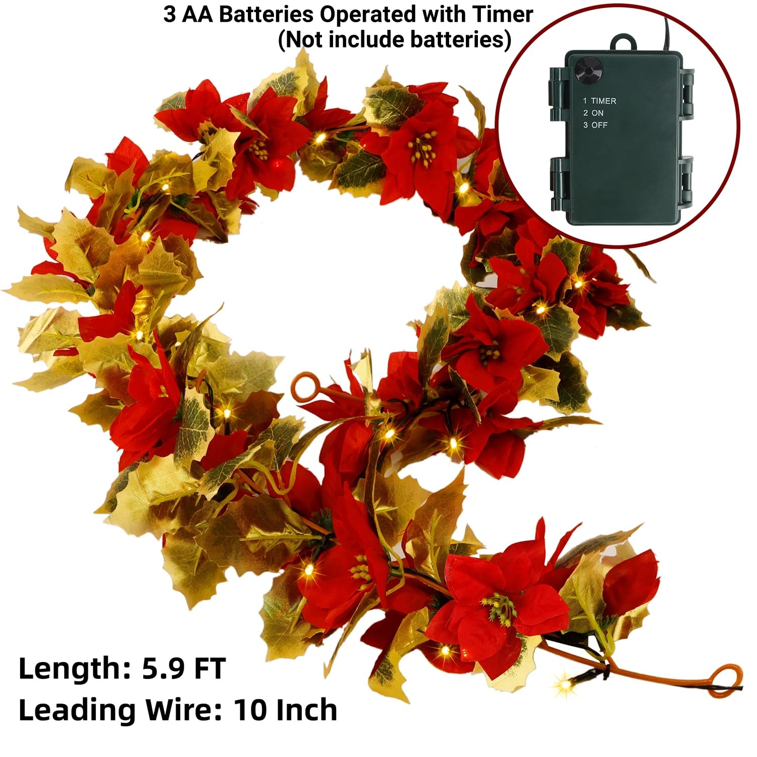 Glintoper 2 Pack Christmas Poinsettia Garland, 5.9 FT Lighted Artificial Garlands with 36 Red Flowers, Battery Operated with Timer Poinsettia String Lights, Light up for Xmas New Year Home Decor