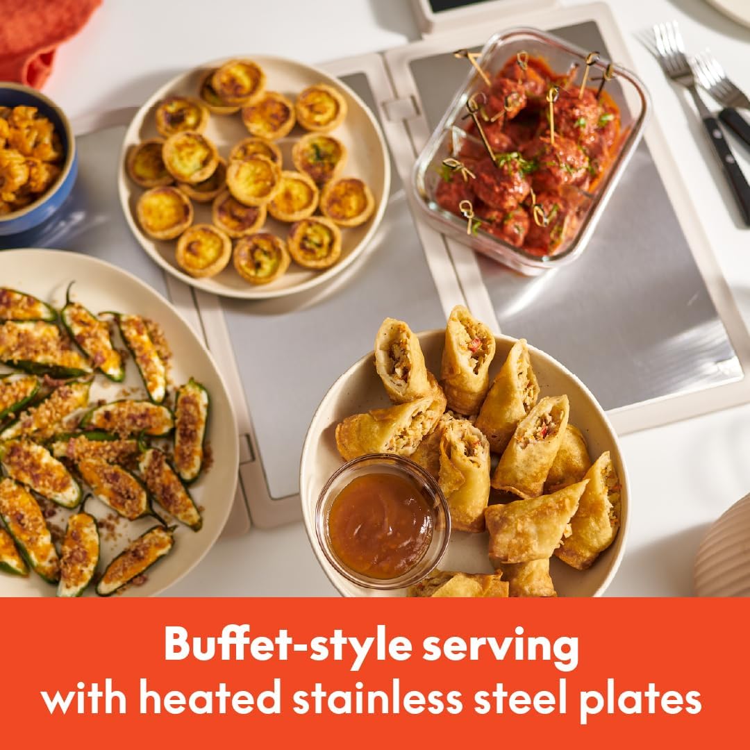 Bella Fold & Store Warming Tray - Adjustable Temperature & Timer, 24.8” to 8.3” Wide, Auto Shutoff, Stainless Steel, Oatmilk