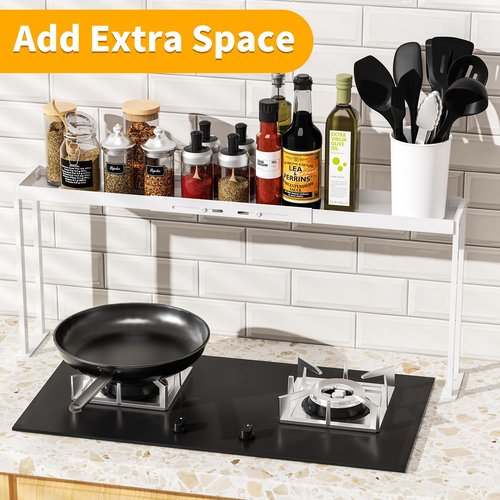 ZDDLOINP Stove Top Shelf for Curved Stove, Expand 27 to 33 Inch Spice Rack, 4 Level Adjustable Height Spice Shelf, Over the Stove Shelf for Back of Stove Spice Rack Organizer for Countertop, White