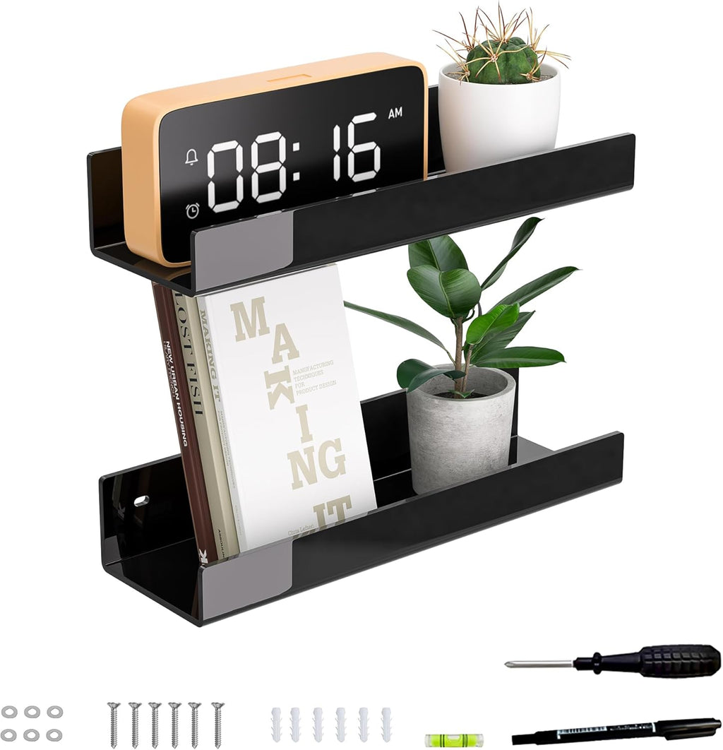 Skiennix 12-Inch Black Acrylic Wall Shelf - Stylish Wall-Mounted Storage Organizer | 2 Pack