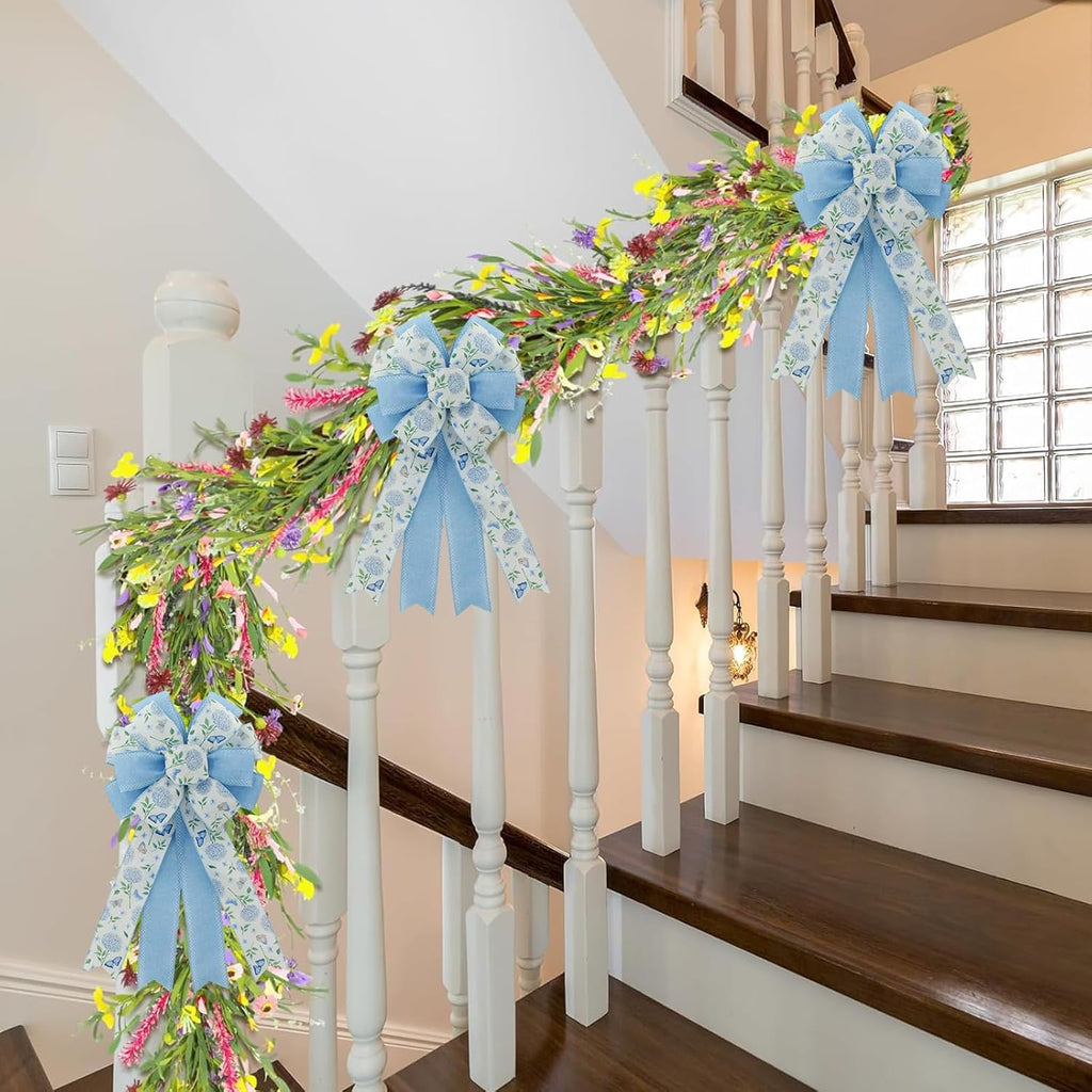 Skiennix 20.87-Inch Large Spring Bows - Blue Hydrangea & Butterfly Burlap Ribbon for Easter Decor | Indoor/Outdoor Use