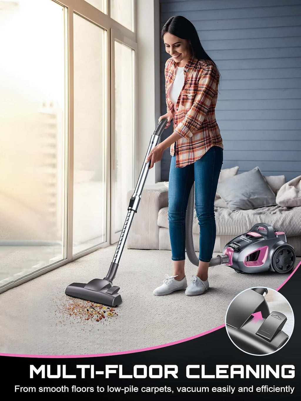 Skiennix Canister Vacuum Cleaner - 40Kpa 1600W Cyclone Power, Lightweight & Bagless, 3.7QT Dust Cup, Pink