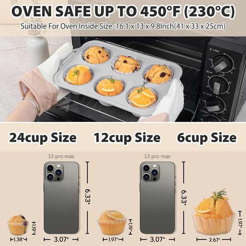 Vnray 3Pcs Silicone Muffin Pan 6, 12 and 24 Cup with Metal Frame, Non Stick Jumbo Cupcake Pan with Handles, BPA Free Silicon Mini Muffin Tin Regular Tray For Baking,Egg Bites,Mold Light Grey