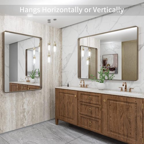 LOAAO Bronze Bathroom Mirror - 40”X36” Rounded Rectangle with Anti-Rust Brushed Metal Frame | Versatile Hanging Options