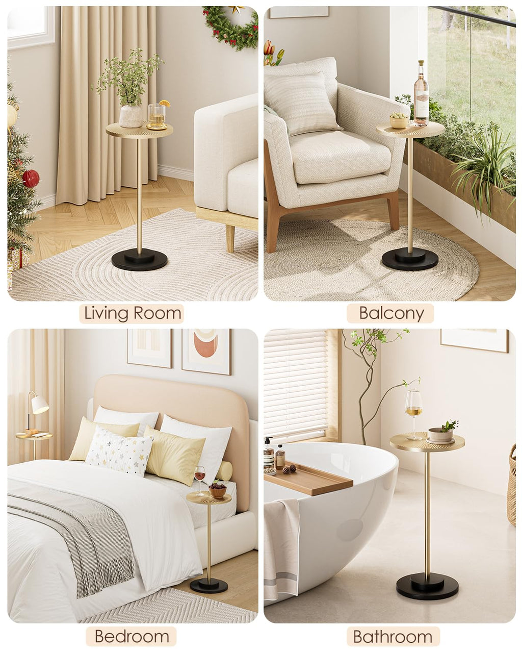 Round Side Table, Small Drink Table for Small Spaces, Modern Accent End Table with Metal Leg for Living Room, Bedroom, Corners, and Office (Gold)