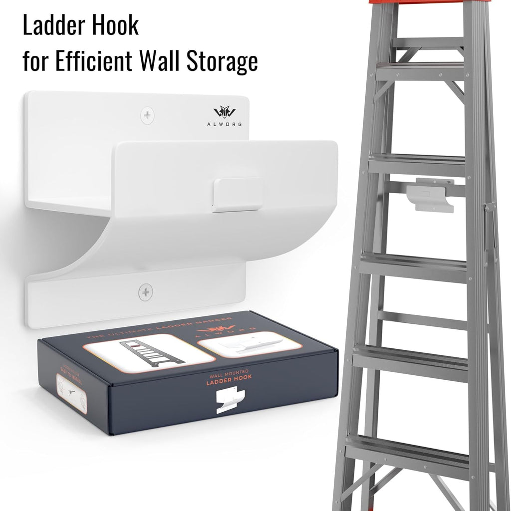 White Ladder Hooks | Step Ladder Holder for Garage Wall - Durable Wall Mount Design