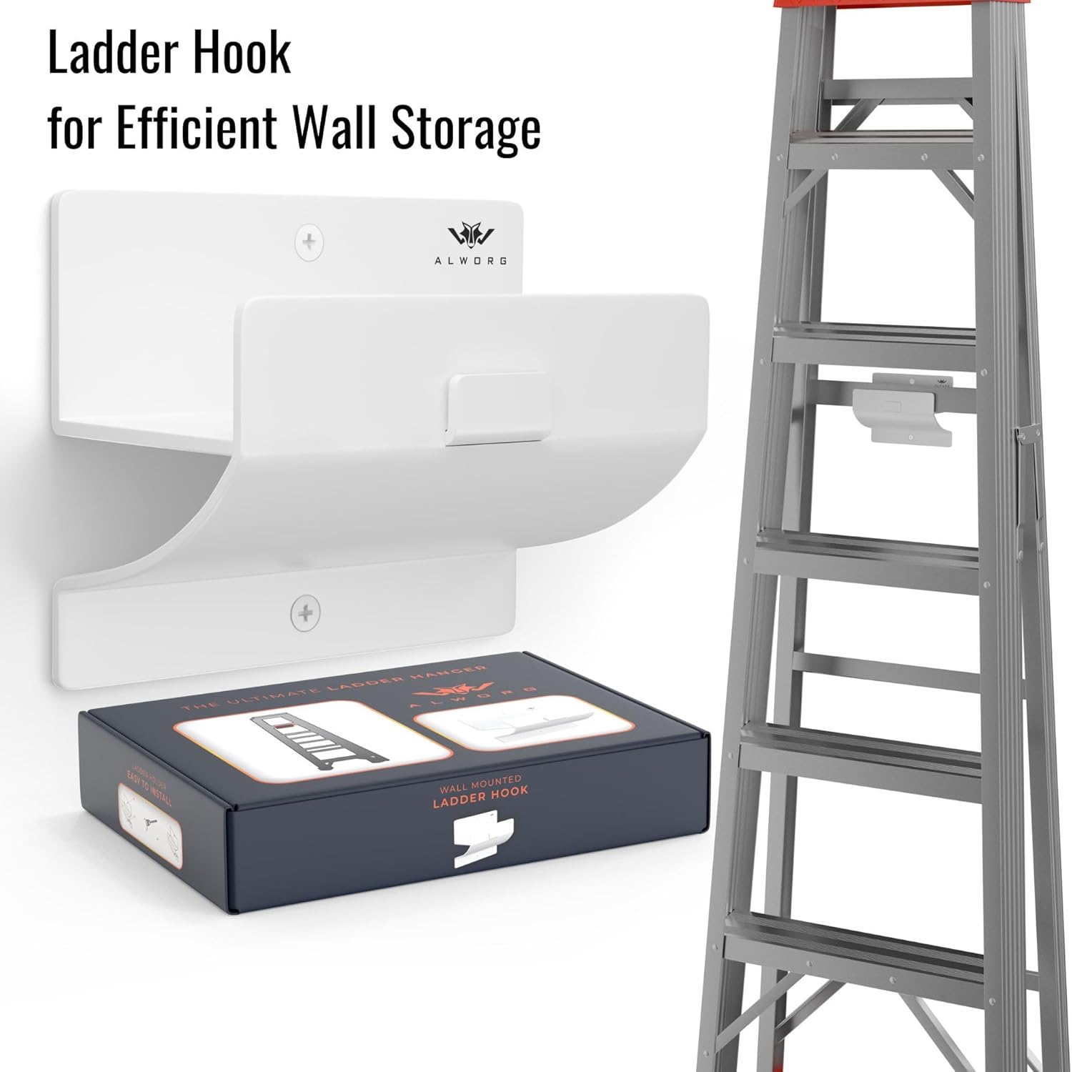 White Ladder Hooks | Step Ladder Holder for Garage Wall - Durable Wall Mount Design