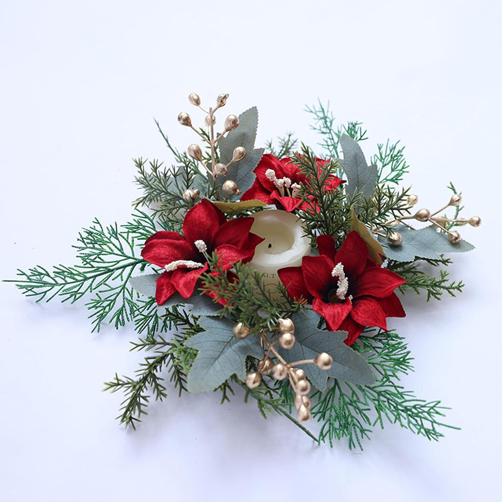 Regine Switzerland Christmas Candle Rings - Festive Pine Needles & Red Berries | Winter Table Centerpiece Decor