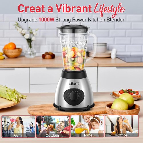 JUSANTE Blender for Smoothies, 1000W Glass Blender for Kitchen Countertop with 48oz Glass Jar Ice Crusher or Juice, Milkshake, Dessert