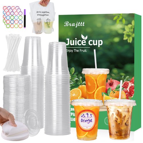 Brajttt 16 oz Clear Plastic Cups with Lids and Straws, 100 Pack Disposable Iced Coffee Cups with Lids, Sturdy & Food Safe lemonade cups for Cold Drinks,Friend,Party, Kitchen Accessories