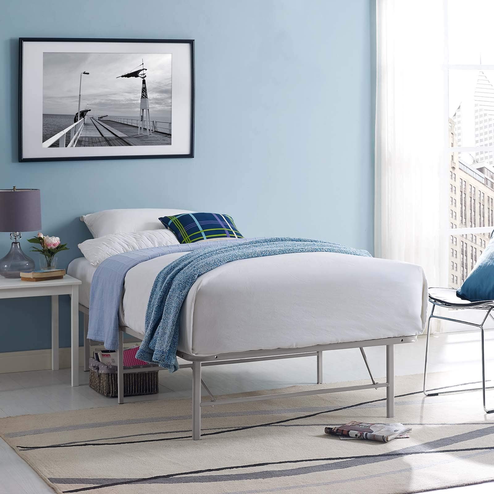 Modway Horizon Replaces Box Spring-Folding Metal Mattress Bed Frame, Twin, Gray