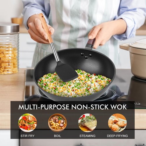 Teewe Carbon Steel Wok Pan - 13" Wok Pan with Lid, Woks & Stir-Fry Pans Nonstick with Spatula & Brush, Chinese Wok Flat Bottom Wok for Induction, Electric, Gas, All Stoves