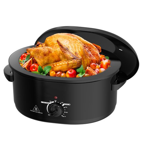 8 Quart Roaster Oven with Self-Basting Lid, Turkey Roasting Pan with Removable Roasting Rack, Turkey Defrost & Warm Function, Adjustable Temperature for Use as a Slow Cooker, Stainless Steel, Black