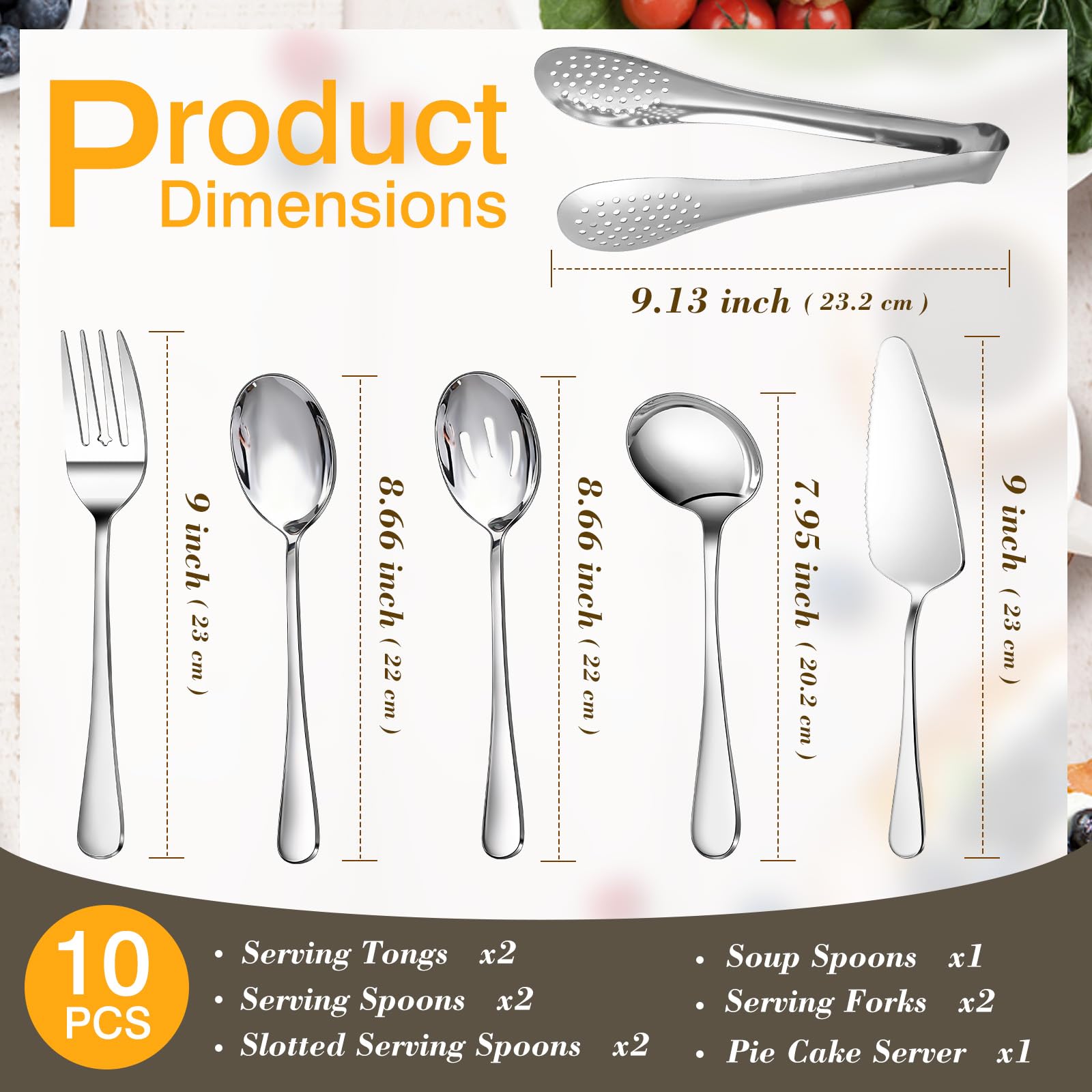 Dualshine 10PCS 18/8 Stainless Steel Serving Utensils Set for Parties, Kitchen Serving Tools-Include Serving Spoons, Slotted Spoons, Serving Forks Tongs Soup Ladle, Cake Pie Server for Buffet, Wedding