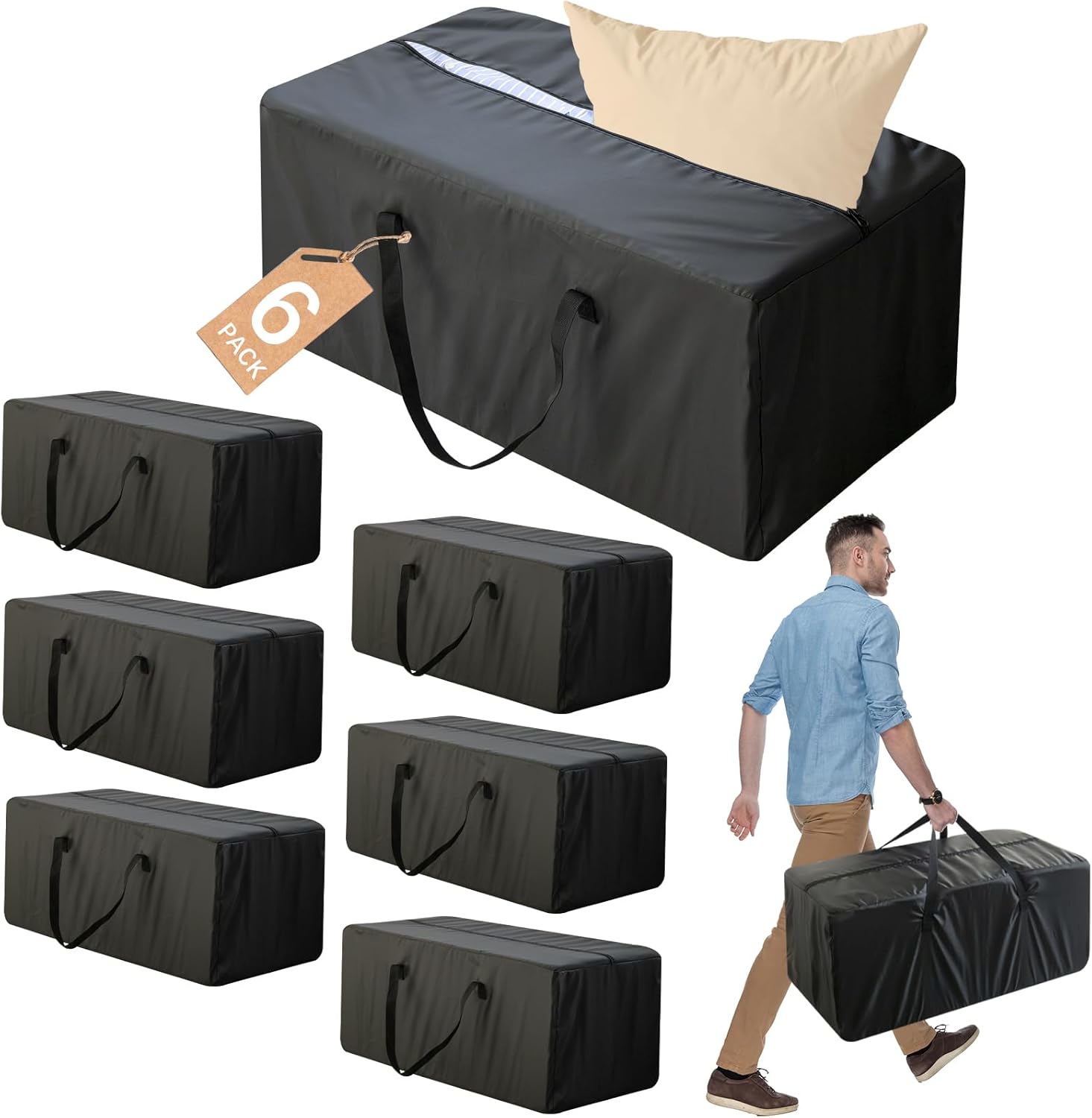 Skiennix Heavy Duty Moving Bags - Reinforced Zipper & Handles for Sturdy Storage | 6 Pack, Black