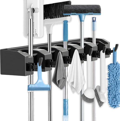 AceMining Broom Holder - Wall Mounted Storage with 5 Holders & 6 Hooks | Durable ABS Plastic, Black